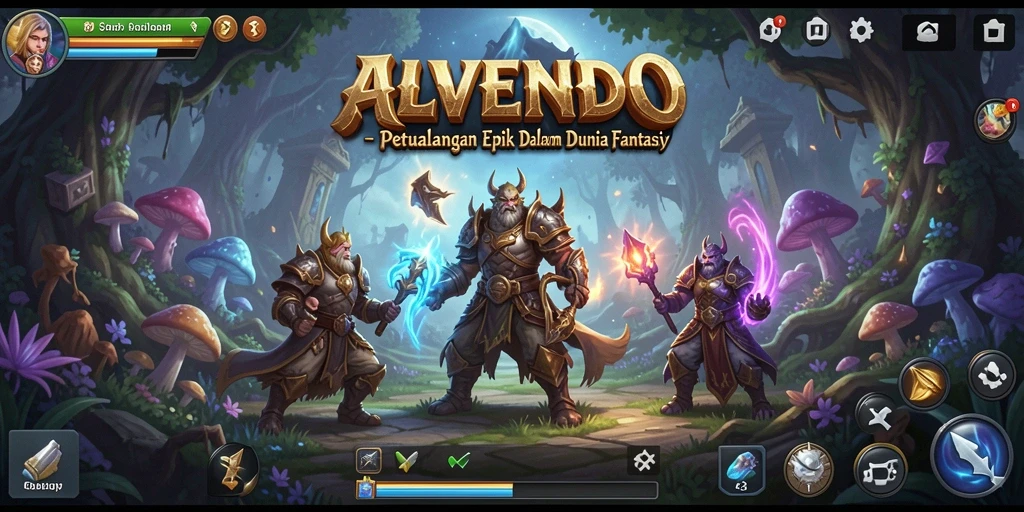 Screenshot ALVENDO menampilkan pertempuran seru dalam dunia fantasi.