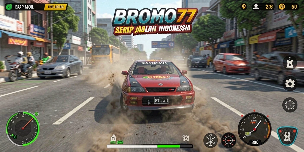 Tampilan menarik dalam gameplay balap BROMO77 di jalanan Indonesia.