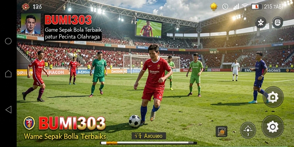 Tampilan dinamis dari gameplay sepak bola yang seru.