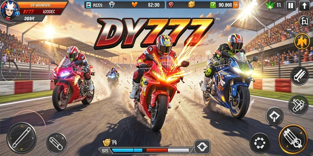 Screenshot gameplay DY777 menampilkan balapan motor yang menegangkan dan seru.