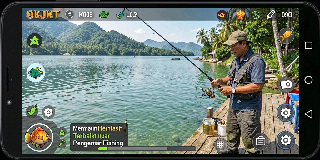 Tampilan gameplay OKJKT dengan aksi memancing yang seru.