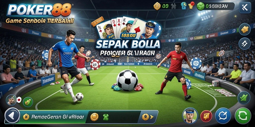 Tampilan gameplay POKER88 dengan aksi sepak bola yang intens.