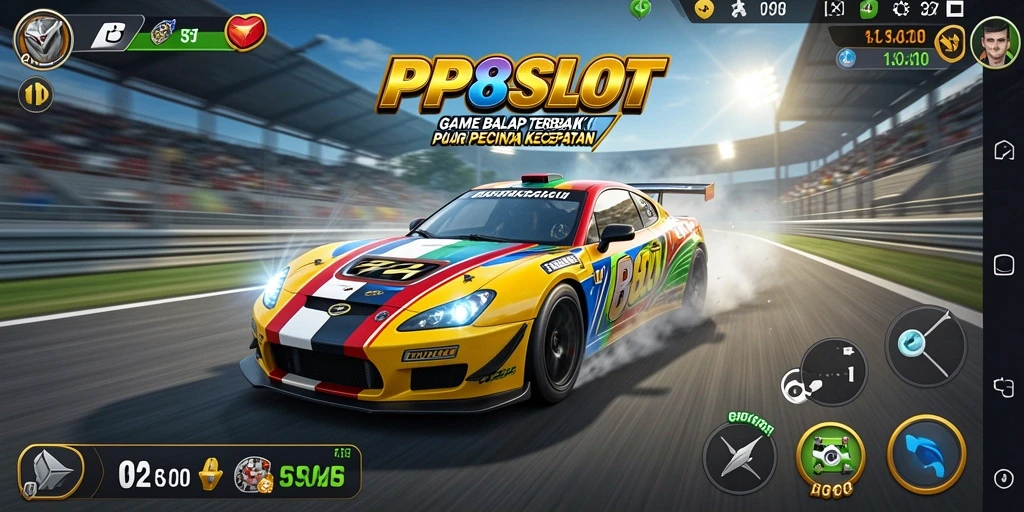 Screenshot utama PP8SLOT menampilkan aksi balap yang mendebarkan.