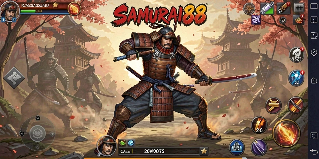 Screenshot menunjukkan aksi intens dari game SAMURAI88 dengan pertarungan samurai yang spektakuler.