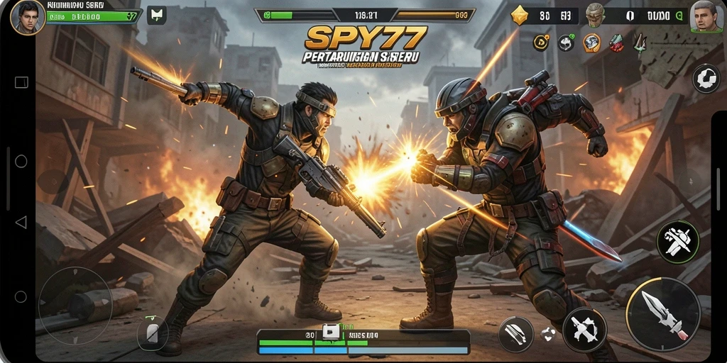 Screenshot utama SPY77 menampilkan aksi pertarungan seru dengan karakter yang dinamis.