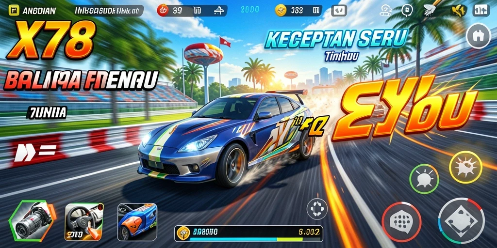 Tangkapan layar gameplay X78 dengan mobil balap yang melaju kencang.